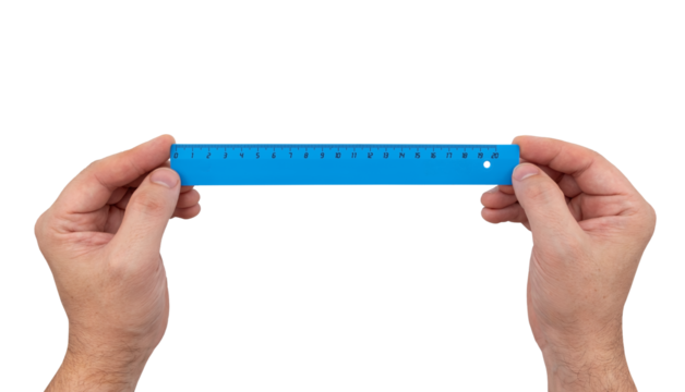Hands holding plastic ruler to measure length on white background. Ruler isolate. Stationery - Powered by Adobe