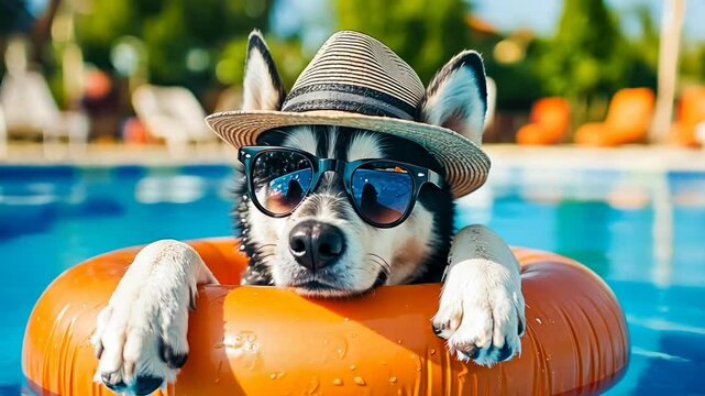 A Siberian Husky sporting a hat and sunglasses leisurely floats on an orange pool float, enjoying a sunny day. The scene is playful and cheerful, capturing a summer vibe with the dog seemingly