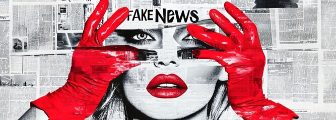 Pop art collage featuring a woman’s face with red gloves. Newspaper clippings with Fake News text. Paper background of printed news articles