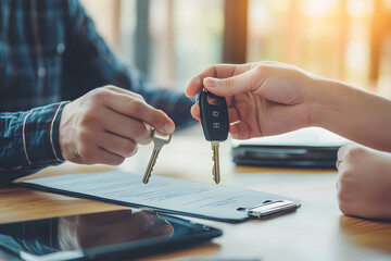 Car key handover, vehicle rental, buying or selling car, rental agreement, dealership, customer service, automotive transaction, hands exchanging keys, business deal, car purchase