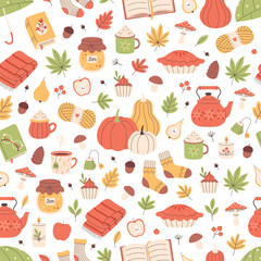 Autumn seamless pattern. Cute and cozy seasonal objects. Flat, hand drawn texture for wallpaper, textile, fabric, paper. Vector illustration in flat style