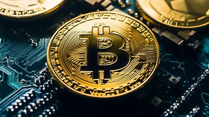 Close-up of a gold Bitcoin coin on a circuit board.