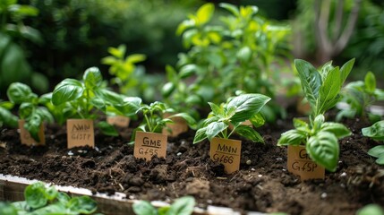 A vibrant herb garden filled with clearly labeled plants and an abundance of fresh, homegrown vegetables