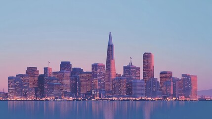 Fototapeta premium San Francisco skyline during dusk on a clear background, showcasing the city's illuminated buildings as a design element transparent background