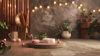 Rustic Holiday Setting with Christmas Candy and Warm Lights