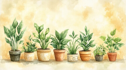 Fototapeta premium A cozy watercolor scene of a houseplant corner, featuring a variety of indoor plants like pothos, snake plant, and fiddle leaf fig. 