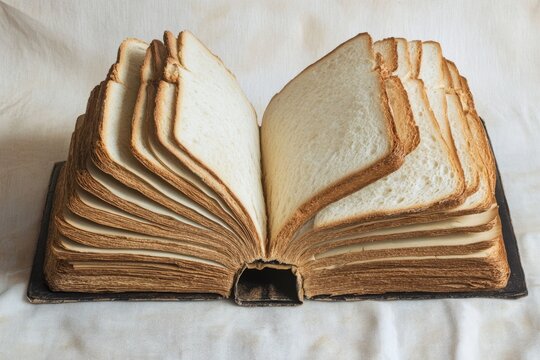 A creative culinary art piece features an open book made of arranged bread slices, blending intricate food art with scriptural themes, in a surreal kitchen that sparks the imagination
