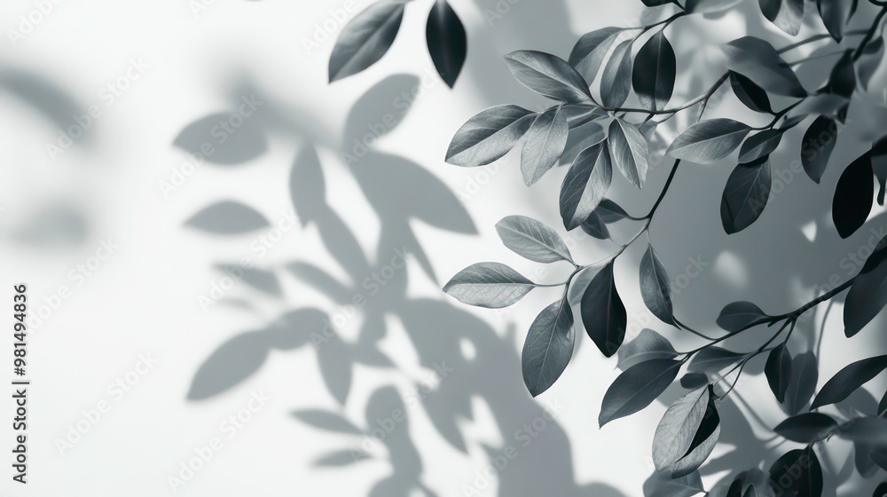 Poster dark green leaves cast shadows on a white wall, creating a pattern of shapes and light.