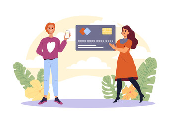 People send money online. Man and woman with bank card. Cashless transfers and transactions. Electronic commerce and digital money. Flat vector illustration