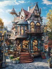Obraz premium the two story magic shop is over by a town square