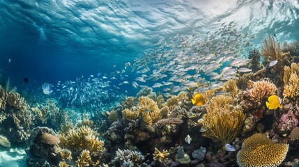 Obraz premium A vibrant underwater scene in Ras Muhammad National Park, Egypt, showcases a vibrant coral reef teeming with schools of small, silvery fish. 