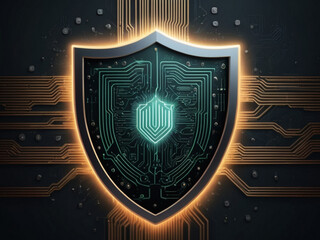 Fototapeta premium A minimalist cybersecurity background with glowing circuit board patterns, a central shield icon, and subtle binary code image
