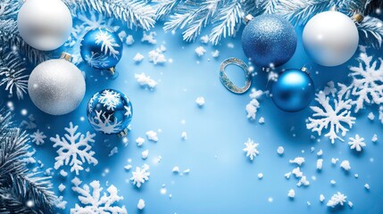 Blue and white Christmas baubles with snow and fir branches on a blue background.