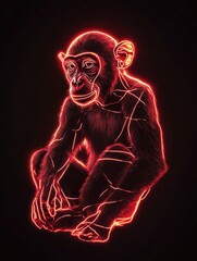Vector Watercolor 3D Rendering of monkey. abstract illustration of shadows Red neon lighting