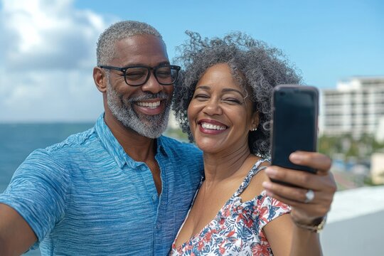 Joyful middle-aged Black couple taking a selfie outdoors with a scenic ocean view in the background