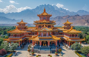Naklejka premium Bird's-eye view of the monastery showcasing architecture with vibrant colors under a sunny sky