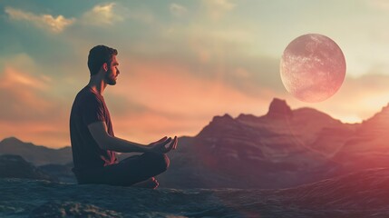Obraz premium Man meditates in nature, with a large moon in the sky.