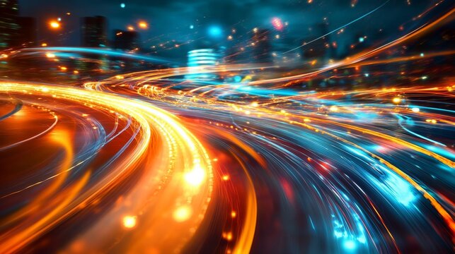 Abstract experimental surreal photography combines city and vehicle lights with long exposure techniques. Quantum physics textures provide a backdrop for representative particle physics photographs