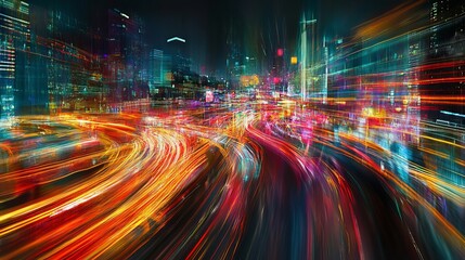 Fototapeta premium Abstract experimental surreal photography combines city and vehicle lights with long exposure techniques. Quantum physics textures provide a backdrop for representative particle physics photographs