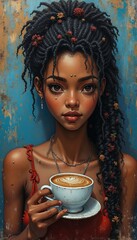 Serene moment of young woman enjoying cup of coffee against vibrant blue background