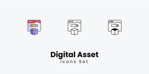 Digital Asset Icons thin line and glyph vector icon stock illustration