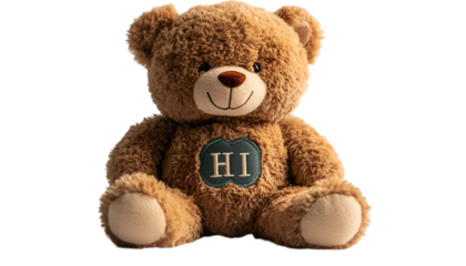 a teddy bear with a hi sign.