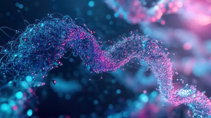 Abstract digital art with glowing pink and blue strands against a blurred background.