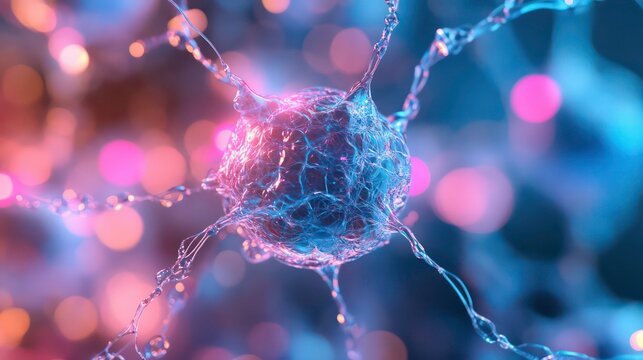 Abstract image of a translucent sphere with thin tendrils extending out against a blurred background of pink and yellow bokeh lights.