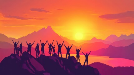 Fototapeta premium Silhouettes of a group of people standing on a mountain top with arms raised in the air, celebrating a sunset over a mountain range.