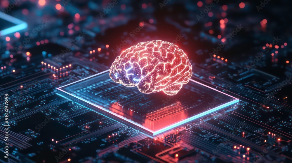 Poster a glowing brain hovers over a circuit board, representing artificial intelligence or neural networks