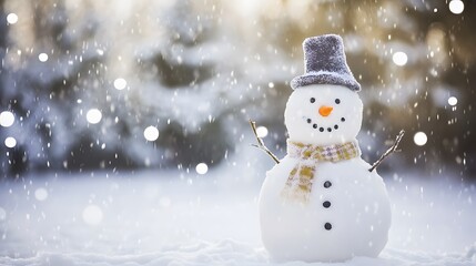 Obraz premium Smiling snowman in snowy winter scene.