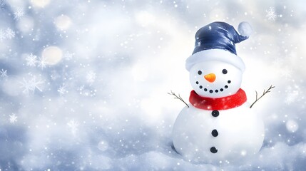 A happy snowman wearing a blue hat and red scarf stands in the snow.