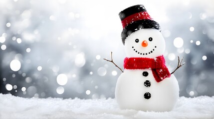 Fototapeta premium Smiling snowman wearing a red scarf and black hat with a snowy background.