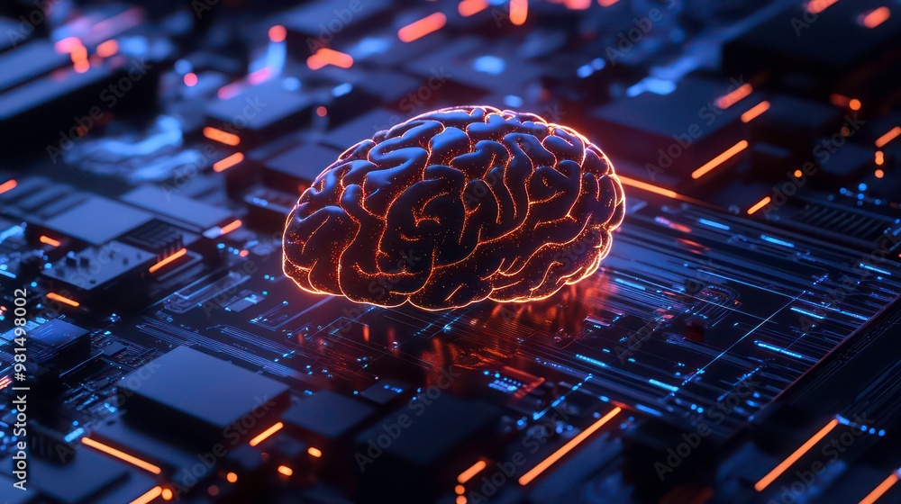Poster a glowing brain sits on a futuristic circuit board, symbolizing artificial intelligence and digital 