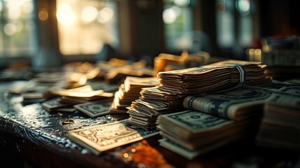 a table with a large amount of money. The money is stacked in piles, and there are many different denominations visible. 