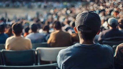 A young man in a baseball cap watches a performance with a large crowd.