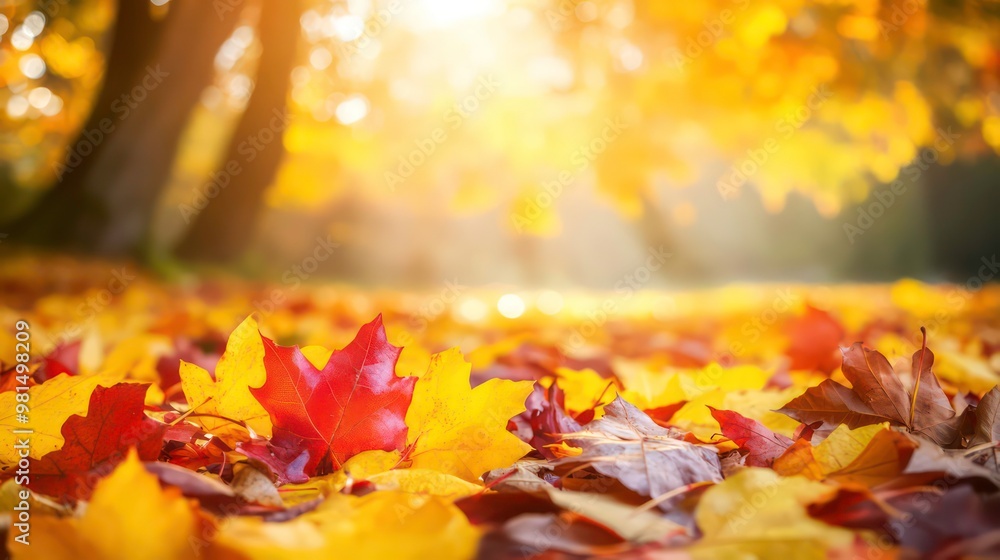 Poster a close-up of a red and yellow leaf on the forest floor with blurred background of autumn trees.