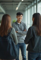 Engaging conversation among three colleagues in modern office space