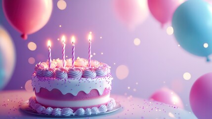 Birthday cake with candles and pink and blue balloons.