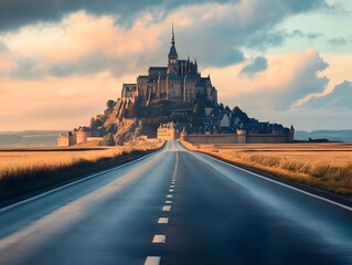 Obraz premium A Majestic Historic Castle Towering Over a Winding Highway Cutting Through a Serene Countryside Landscape