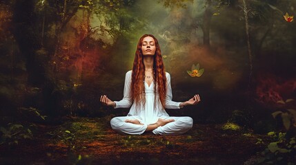 Fototapeta premium Woman meditates in the forest, surrounded by nature.