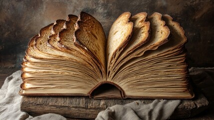 This imaginative artwork features an open book made of bread, blending rich symbolism with culinary artistry to explore profound themes of life and scripture at the intersection of food and art