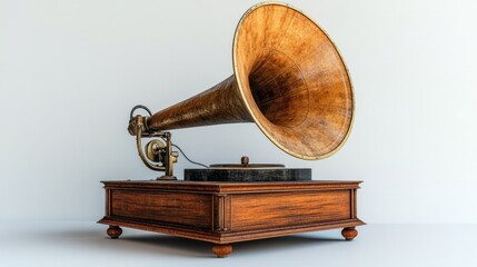 A classic vintage gramophone with a brass horn, perfectly preserved, capturing the essence of early 20th-century music, set against a transparent background