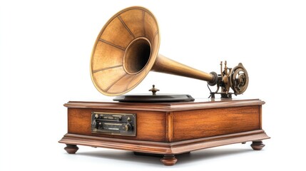 A classic vintage gramophone with a brass horn, perfectly preserved, capturing the essence of early 20th-century music, set against a transparent background