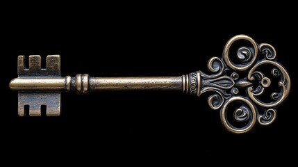 A crisp, high-res image of a vintage brass key, isolated on a black background, showcasing the intricate design and texture of the metal