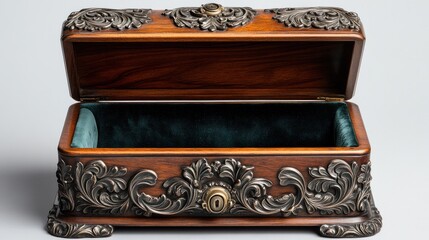 A delicately carved wooden antique jewelry box, with ornate metal hinges and a velvet-lined interior, displayed open on a transparent background, capturing every detail