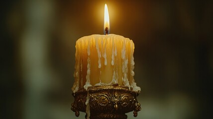A detailed close-up of an antique candlestick holder, crafted in ornate brass with a softly dripping candle, isolated on transparent, evoking a sense of historical ambiance