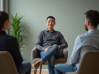 Confident asian man candidate presents skills in job interview with attentive interviewers in modern office