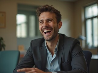 Emerging leader confidently engages in job interview, caucasian man showcasing charisma and enthusiasm in bright office