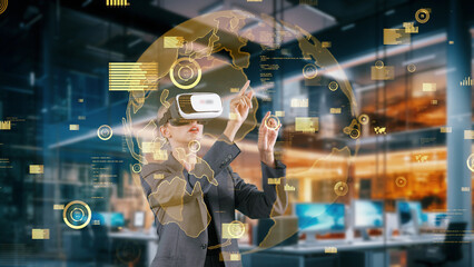 Woman selecting by point world data rotating graph analysis monitor by VR future global innovation interface digital infographic network technology virtual hologram animation at office. Contraption.